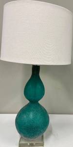 lot 130 image: Teal Glass Table Lamp & White Drum Shade