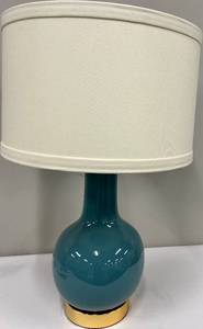 lot 131 image: Teal Blue Glass Table Lamp - Cream Drum Shade & Gold Base