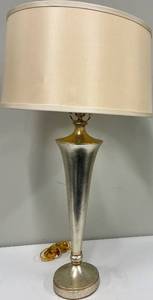 lot 133 image: Mid-Century Modern Style Table Lamp & Beige Fabric Shade - Silver Cone Base with Gold Trim