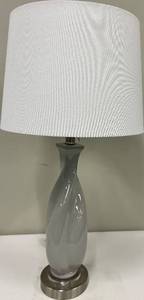 lot 135 image: Gray Ceramic Table Lamp & White Fabric Shade - Modern Swirl Base