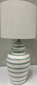 lot 140 image: Ceramic Table Lamp - Teal Striped Vase Base & White Drum Shade