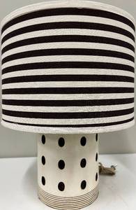 lot 141 image: Table Lamp - Ceramic Base with Brown Dots & Striped Drum Shade