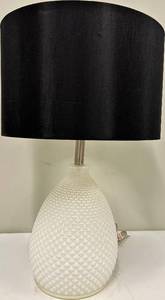 lot 143 image: White Ceramic Table Lamp - Diamond Pattern Base & Black Drum Shade