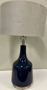 lot 144 image: Blue Glass Bottle Table Lamp & Linen Drum Shade