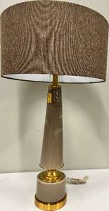 lot 147 image: Mid-Century Style Table Lamp - Brass & Ceramic Base, Brown Drum Shade