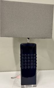 lot 149 image: Blue Gloss Ceramic Table Lamp & Gray Fabric Shade