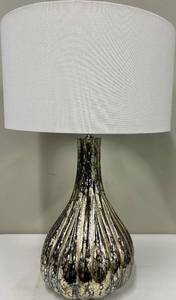 lot 150 image: Table Lamp - Vase-Shaped Base with White Drum Shade & Metallic Crackle Finish