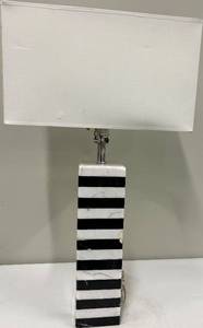 lot 153 image: Striped Column Table Lamp - Black & White Base with White Rectangular Shade