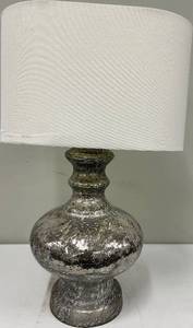 lot 154 image: Mercury Glass Table Lamp - Distressed Silver Finish & White Shade