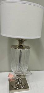 lot 162 image: Ribbed Glass Table Lamp with Chrome Base & White Drum Shade #1