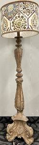 lot 165 image: Antique-Style Floor Lamp with Ornate Carved Base & Colorful Patterned Drum Shade