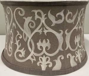 lot 184 image: Lampshade Taupe Damask & White Pattern Drum Shade Spider Fitter