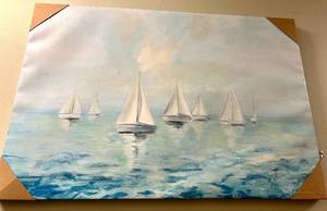 lot 299 image: Five Sailboats Seascape Painting on Canvas - Turquoise Sea & Sky