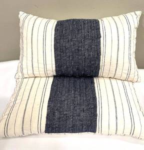 lot 319 image: Navy & White Striped Throw Pillows Pair with Indigo Center Panel
