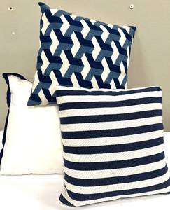 lot 327 image: Navy White Decorative Pillows - Geometric, Striped & Plain (Lot of 3)
