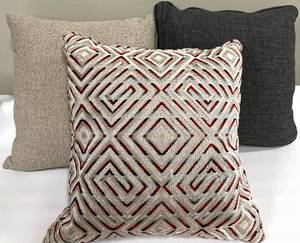 lot 331 image: Throw Pillow Trio - Beige, Charcoal & Silver Geometric Pattern