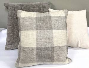 lot 332 image: Throw Pillows - 3-Piece Beige Plaid & Textured Cream Set