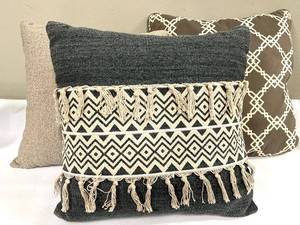 lot 339 image: Throw Pillows - Geometric Pattern with Fringe (Lot of 3)