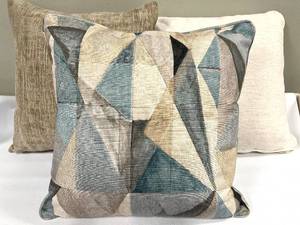 lot 343 image: Throw Pillow Set of 3 - Geometric Pattern Taupe & Beige with Blue Accents
