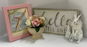 lot 600 image: Hello Little One Sign & Rabbit Figurines with Floral Print Frame and Rose Vase