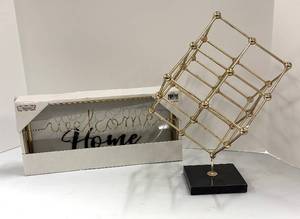 lot 606 image: Gold-Tone Geometric Wire Cube Sculpture and Welcome Home Decor
