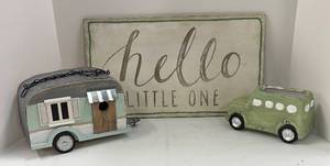 lot 618 image: Creative Co-Op Hello Little One Sign, Trailer Birdhouse & Green Bus Planter