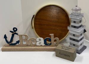 lot 624 image: Wooden Round Tray, Beach Sign, Lighthouse Decor and Inspirational Block