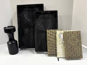 lot 625 image: Two Black Trays, Candle Holder, Paris Motif Journal and Garden Guidebooks Book Boxes