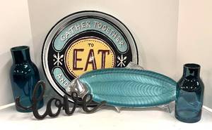 lot 629 image: Hampton Forge Oceana Lime Aqua Fish Platter, Bottles, Eat Tin Tray and More