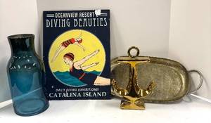 lot 633 image: Oceanview Resort Diving Beauties Catalina Island Sign & Nautical Decor Anchor, Tray and Teal Vase