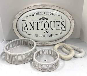 lot 635 image: Antiques Sign, Original with Pair of White Lattice Bowls and Marble Ring Decor