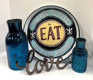 lot 638 image: Eat Motif Metal Tray, Love Decor and Bottles