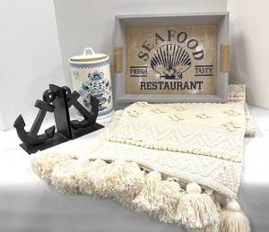 lot 639 image: Seafood Restaurant Sign, Anchor Bookends, Runner and Canister