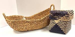 lot 645 image: Two Woven Baskets - Long Oval Open-Weave & Square Lidded Pattern