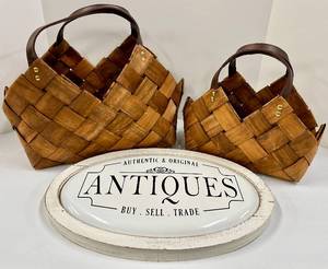 lot 649 image: Two 18x11 Woven Baskets & Antique Sign