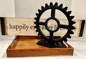 lot 650 image: Gear Wheel Sculpture & Sign with Wooden Tray