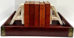 lot 654 image: Through The Woods 5-Volume Leather-Bound Book Set with Marble A-Bookends & Wooden Tray