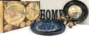 lot 663 image: Vintage World Map Book, But First Coffee Tray, HOME Sign & Brass Jacks Sculptures