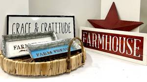 lot 666 image: Farmhouse Decor Sign Set - Grace & Gratitude, Farm Fresh Local Plaques & Woven Basket and more