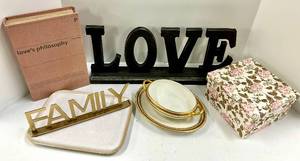 lot 670 image: Love & Family Word Signs Decor Set with Gold Rim Dishes & Floral Gift Box