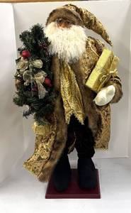 lot 672 image: Festive Santa Claus Decor - Gold Brocade Robe & Tree Gift