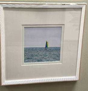 lot 716 image: Framed Sailboat Seascape Photo - White Wood Frame & Matting