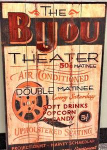 lot 718 image: Bijou Theater Sign - Vintage Wooden Cinema Advertising Plaque