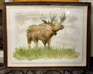 lot 724 image: Moose Watercolor Painting - Framed Wildlife Art