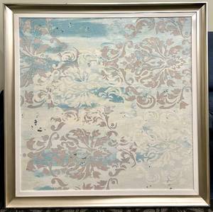 lot 728 image: Framed Damask Wall Art in Blue & Cream with Silver Frame