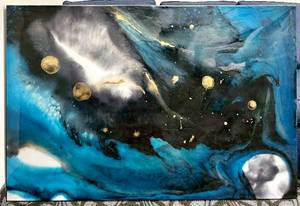 lot 730 image: Abstract Art Painting - Blue & Black with Gold Splashes