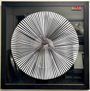 lot 731 image: Op Art Circular Disc - Black Frame Wall Decor with Striped Optical Pattern