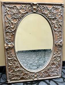 lot 737 image: Ornate Floral Frame Wall Mirror - Oval Glass, Antique Finish