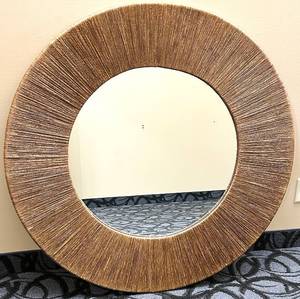 lot 738 image: Round Wall Mirror with Textured Brown Rattan Frame