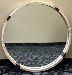 lot 741 image: Round Wall Mirror with Light Wood Frame & Dark Inlays